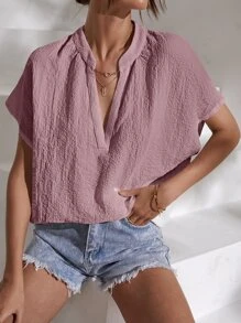 SHEIN Essnce Notched Neck Batwing Sleeve Blouse - Dusty Pink - View 1