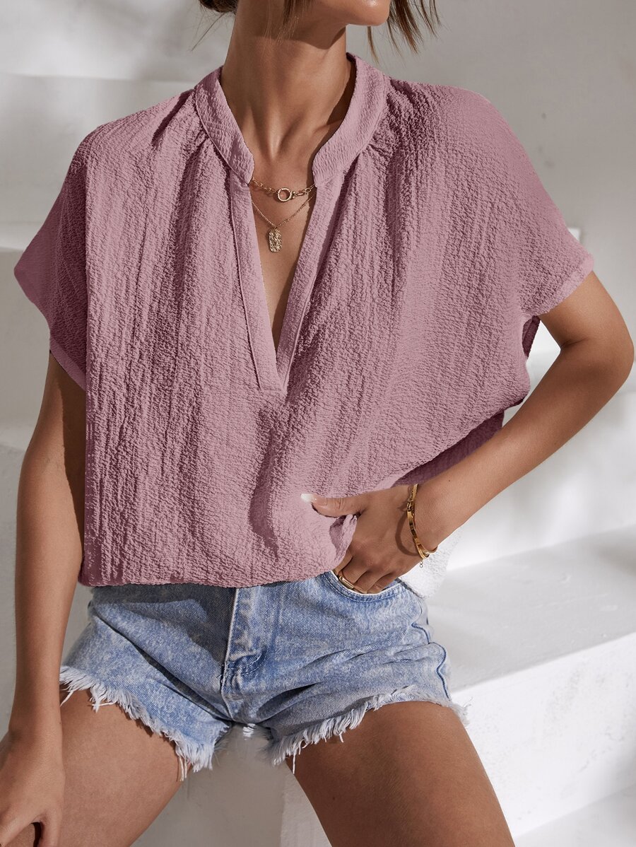 SHEIN Essnce Notched Neck Batwing Sleeve Blouse - Dusty Pink - View 1