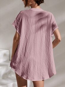 SHEIN Essnce Notched Neck Batwing Sleeve Blouse - Dusty Pink - View 2