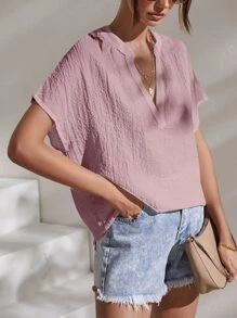 SHEIN Essnce Notched Neck Batwing Sleeve Blouse - Dusty Pink - View 3