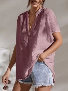 SHEIN Essnce Notched Neck Batwing Sleeve Blouse - Dusty Pink - View 5