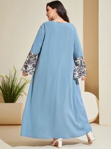 Al Najma Plus Size Floral Print Trumpet Sleeve Dress - Blue - View 2