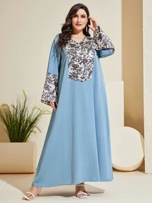 Al Najma Plus Size Floral Print Trumpet Sleeve Dress - Blue - View 3