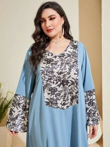 Al Najma Plus Size Floral Print Trumpet Sleeve Dress - Blue - View 4