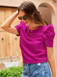 SHEIN Clasi Keyhole Neck Puff Sleeve Blouse - Red Violet - View 5