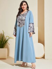Al Najma Plus Size Floral Print Trumpet Sleeve Dress - Blue - View 5