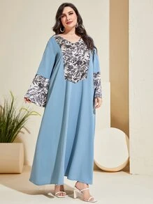 Al Najma Plus Size Floral Print Trumpet Sleeve Dress - Blue - View 7