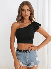 SHEIN Privé One Shoulder Ruffle Trim Crop Top - Black - View 5