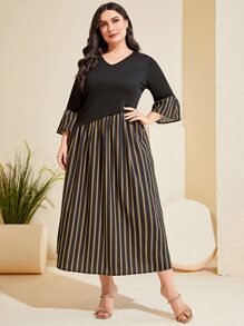 Mulvari Plus Striped Print Flounce Sleeve Dress - Multicolor - View 3