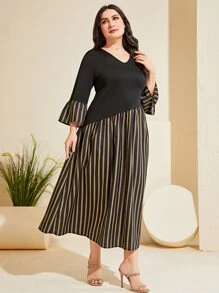 Mulvari Plus Striped Print Flounce Sleeve Dress - Multicolor - View 4