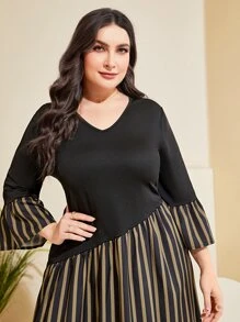 Mulvari Plus Striped Print Flounce Sleeve Dress - Multicolor - View 5