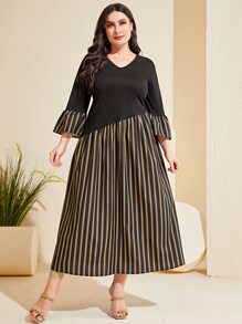 Mulvari Plus Striped Print Flounce Sleeve Dress - Multicolor - View 6