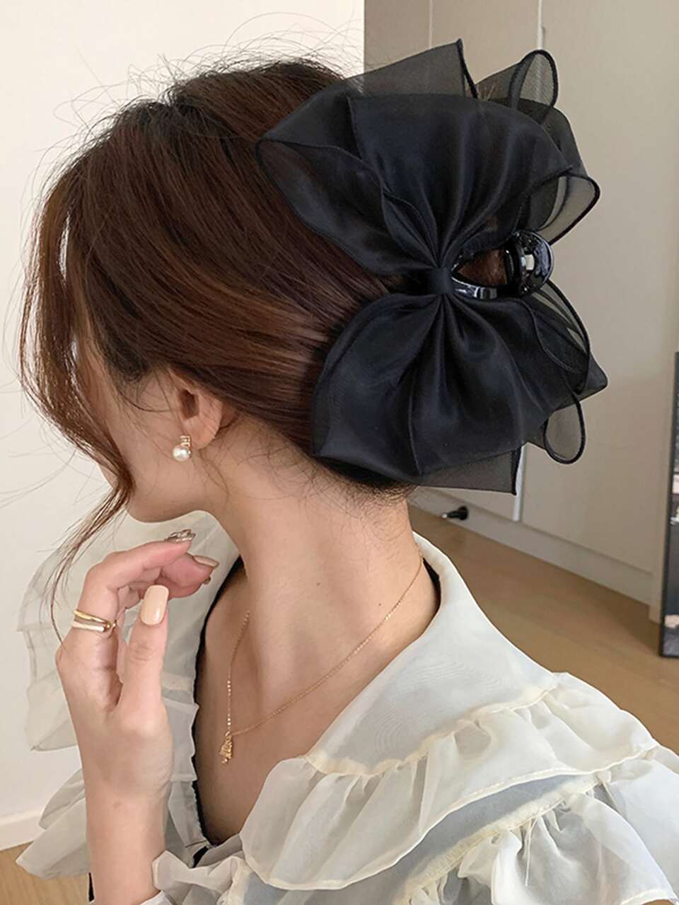 1pc Elegant Chiffon Bow Hair Clip,Princess Style Hair Claw,High-End Graceful Rear Hairpin For Women Hair Clips