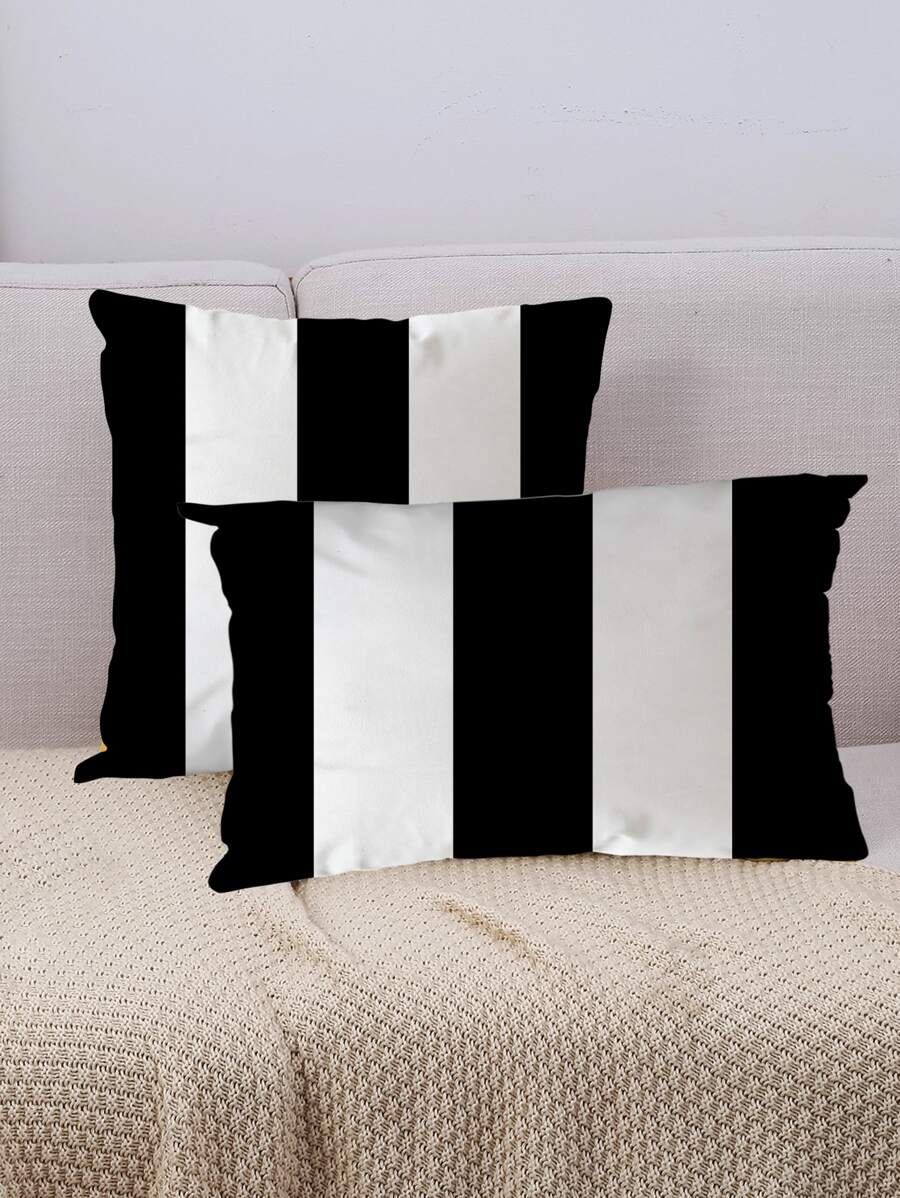 1入組條紋圖案靠墊套無填充物現代化纖裝飾靠墊套適用於床沙發四季 - 黑與白 - 查看 1