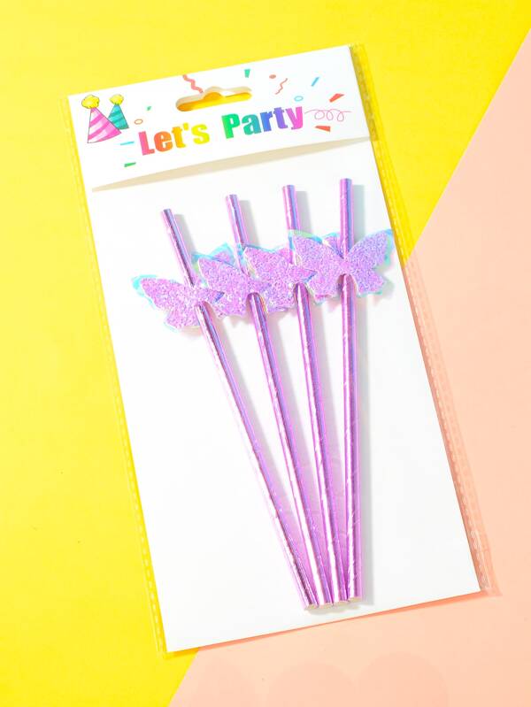 4pcs/set Butterfly Decor Disposable Straw, Modern Glitter Detail Drink