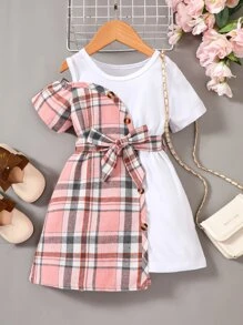 SHEIN 女小童優雅復古風格格紋撞色夏天洋裝帶圓領和短袖適用於城市街 - 彩色 - 查看 1