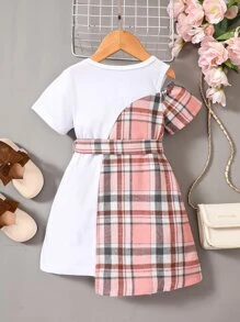 SHEIN 女小童優雅復古風格格紋撞色夏天洋裝帶圓領和短袖適用於城市街 - 彩色 - 查看 2