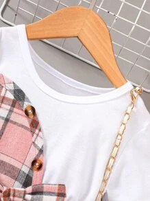 SHEIN 女小童優雅復古風格格紋撞色夏天洋裝帶圓領和短袖適用於城市街 - 彩色 - 查看 4