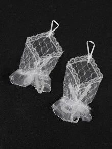 蝴蝶結裝飾網紗手套 - 白色 - 查看 2