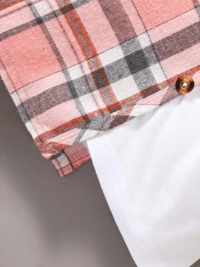 SHEIN 女小童優雅復古風格格紋撞色夏天洋裝帶圓領和短袖適用於城市街 - 彩色 - 查看 6