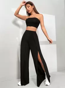 SHEIN EZwear Solid Tube Top & Split Thigh Trousers - Black - View 2
