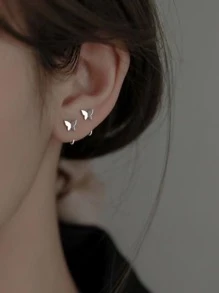 蝴蝶裝飾銀耳環 - 銀色 - 查看 3