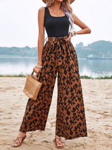 SHEIN VCAY 圖案印花闊腿腰帶連身褲 - 彩色 - 查看 3