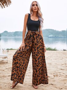 SHEIN VCAY 圖案印花闊腿腰帶連身褲 - 彩色 - 查看 4