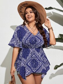 SHEIN LUNE Plus Paisley Scarf Print Asymmetrical Hem Blouse - Multicolor - View 2