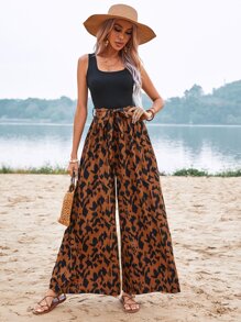 SHEIN VCAY 圖案印花闊腿腰帶連身褲 - 彩色 - 查看 6