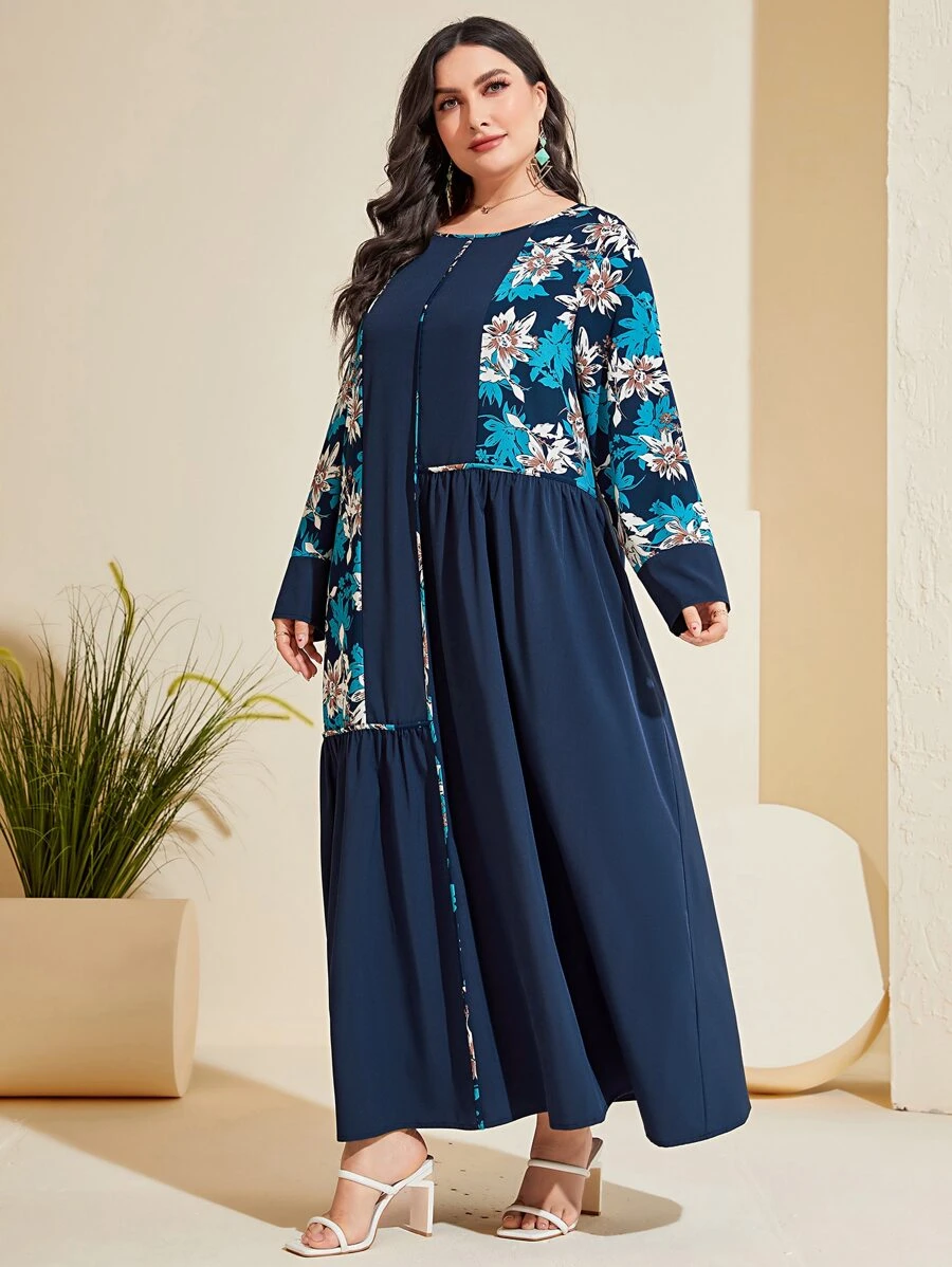 Al Najma Đầm Plus Size Hoa Giải trí Khiêm tốn - Màu xanh hải quân - Xem 1