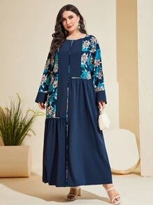 Al Najma Đầm Plus Size Hoa Giải trí Khiêm tốn - Màu xanh hải quân - Xem 3