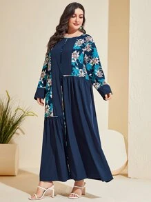 Al Najma Đầm Plus Size Hoa Giải trí Khiêm tốn - Màu xanh hải quân - Xem 4
