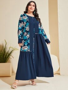 Al Najma Đầm Plus Size Hoa Giải trí Khiêm tốn - Màu xanh hải quân - Xem 6
