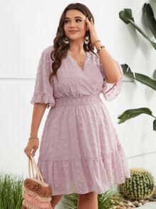 SHEIN Clasi 大碼圓點荷葉袖荷葉邊連衣裙 - 淺粉色 - 查看 5