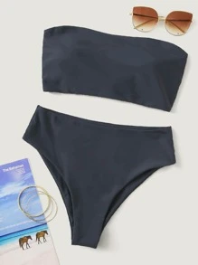 SHEIN Swim Summer Beach Bandeau High Waisted Bikini Set - Navy Blue - View 1