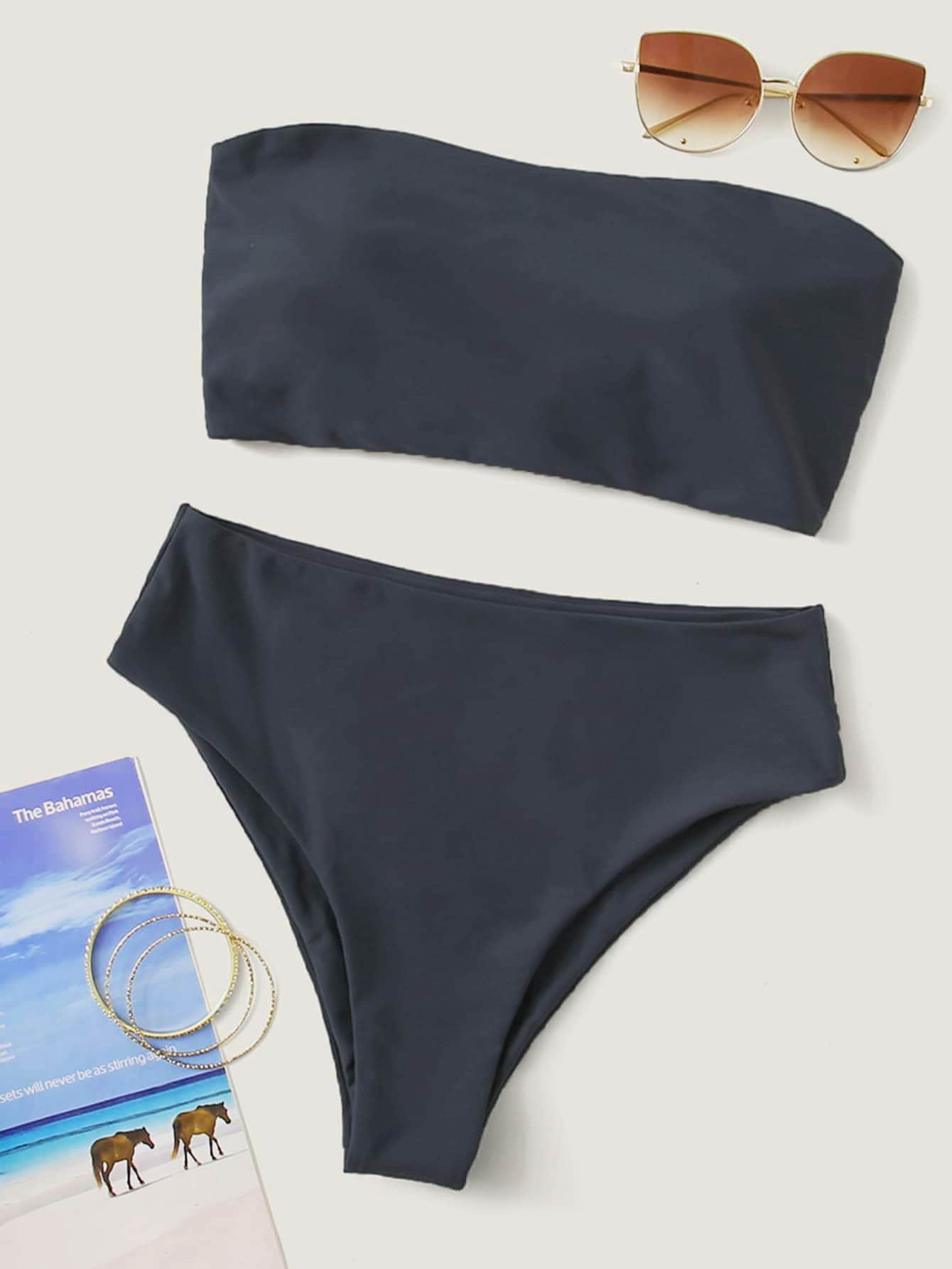 SHEIN Swim Summer Beach Bandeau High Waisted Bikini Set - Navy Blue - View 1