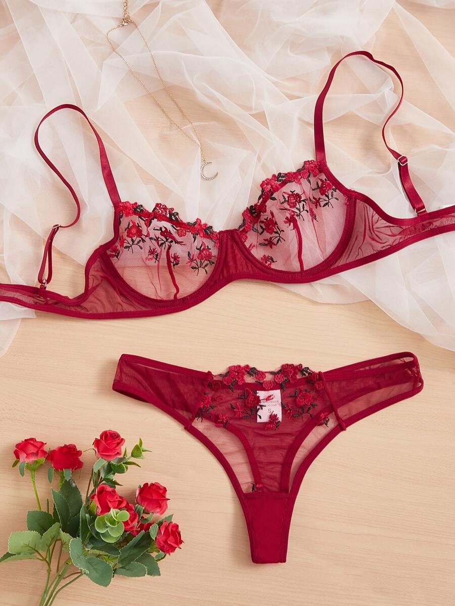 Floral Embroidery Mesh Underwire Sexy Bra & Panty Lingerie Set - Burgundy - View 1