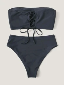 SHEIN Swim Summer Beach Bandeau High Waisted Bikini Set - Navy Blue - View 2