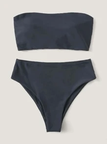 SHEIN Swim Summer Beach Bandeau High Waisted Bikini Set - Navy Blue - View 3