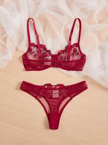 Floral Embroidery Mesh Underwire Sexy Bra & Panty Lingerie Set - Burgundy - View 2