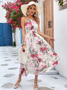 SHEIN VCAY Floral Print Halter Neck Dress - Multicolor - View 7