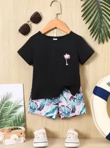 男嬰熱帶圖案補丁貼口袋T恤和短褲 - 彩色 - 查看 1