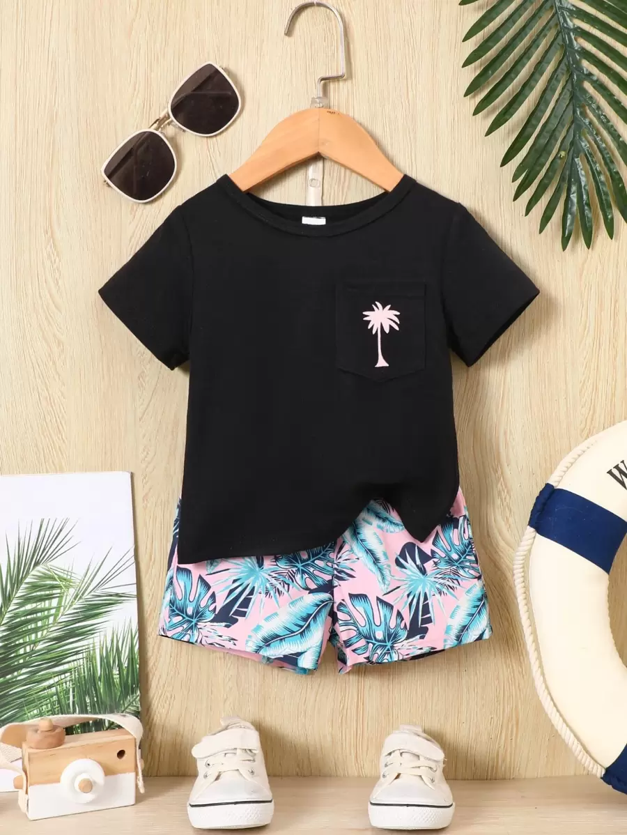男嬰熱帶圖案補丁貼口袋T恤和短褲 - 彩色 - 查看 1