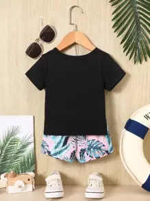 男嬰熱帶圖案補丁貼口袋T恤和短褲 - 彩色 - 查看 2