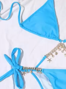 SHEIN Swim 夏季沙灘鏈接領口三角綁帶比基尼套裝 - 薄荷藍 - 查看 3