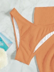 Ring Linked Bandeau Summer Beach Bikini Set With Beach Skirt - Coral Orange - View 3