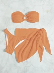 Ring Linked Bandeau Summer Beach Bikini Set With Beach Skirt - Coral Orange - View 5