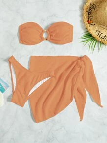 Ring Linked Bandeau Summer Beach Bikini Set With Beach Skirt - Coral Orange - View 6