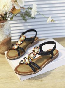 度假黑色露跟涼鞋適用於女士珍珠和串珠裝飾涼鞋